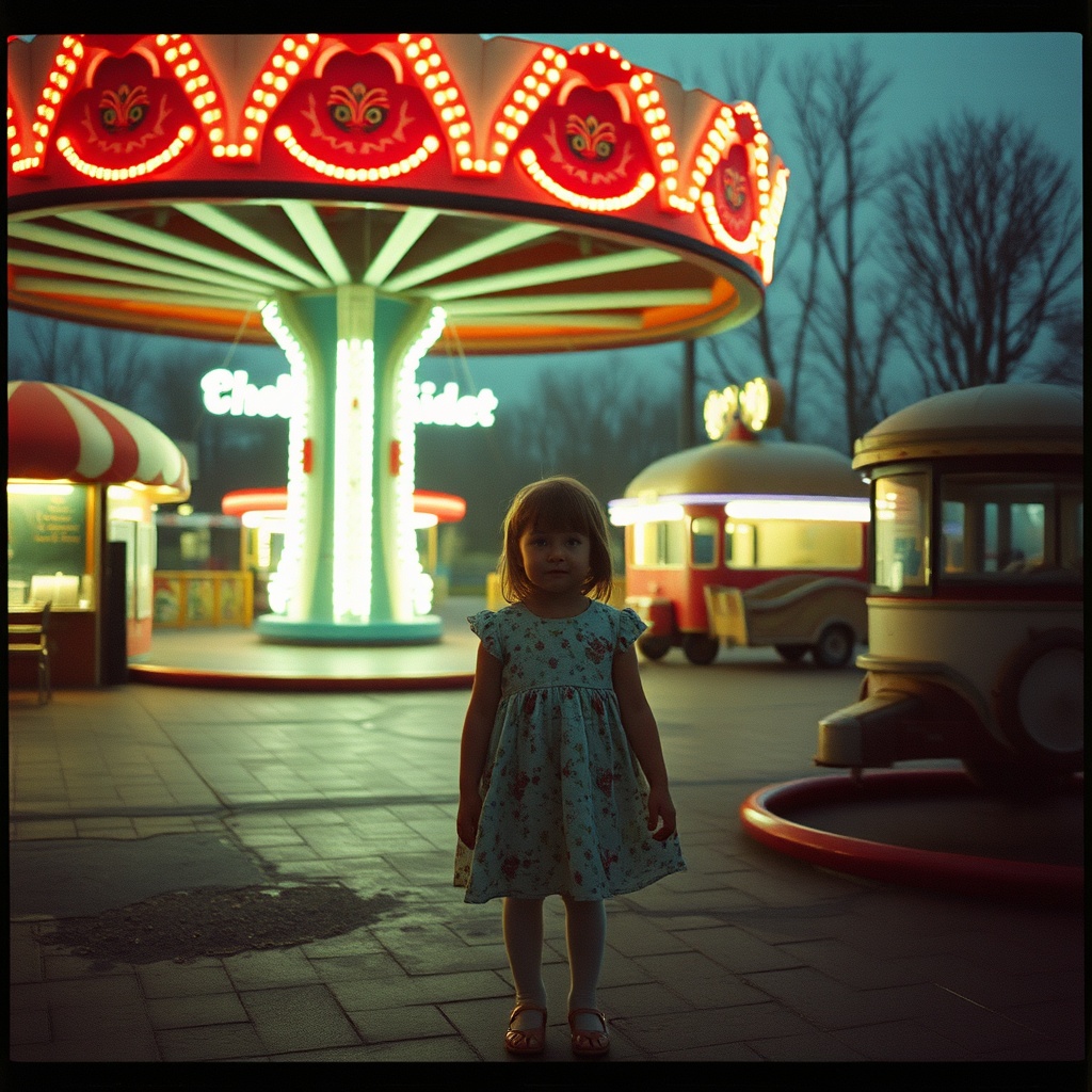 AI generated image by FLUX.1-schnell: analog flash photo of an abandoned, empty, frozen in time and slightly unsettling, but also familiar, little girl, amusement park, Nostalgia, familiarity, discomfort, after hours, urbancore, the effect of being in a retro horror or RPG video game --v 6.0