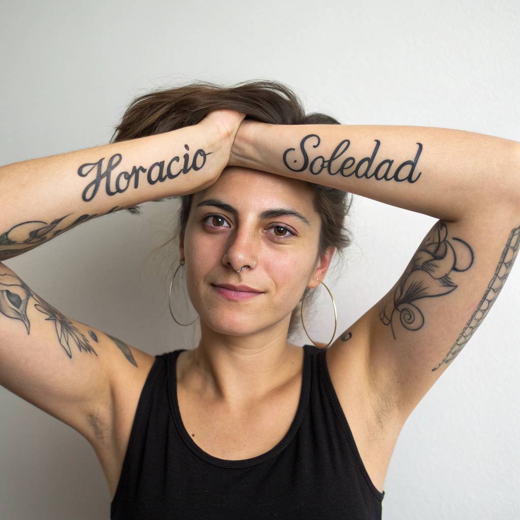 AI generated image by Red Panda AI: mujer con los brazos tatuados con el nombre horacio y soledad
