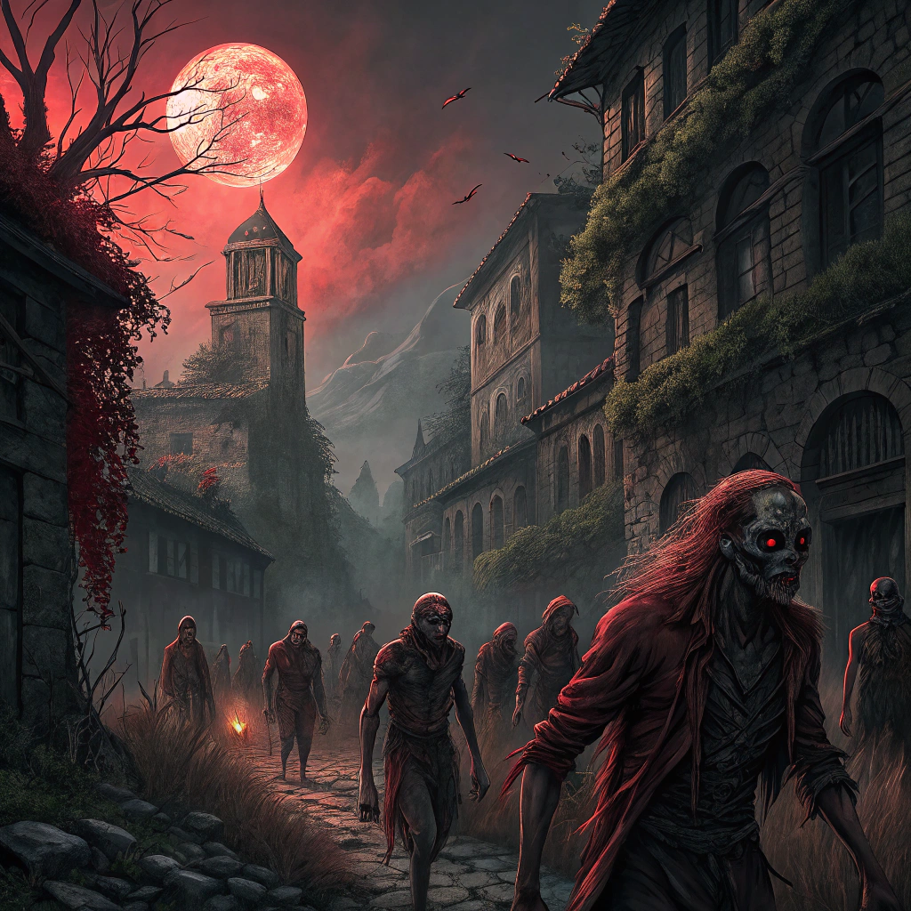 AI generated image by Red Panda AI: A herd of zombies with red skin empty eyes with generic hair and generic medieval anime style horror medieval city with a red moon in the background and a black fog with red spreading