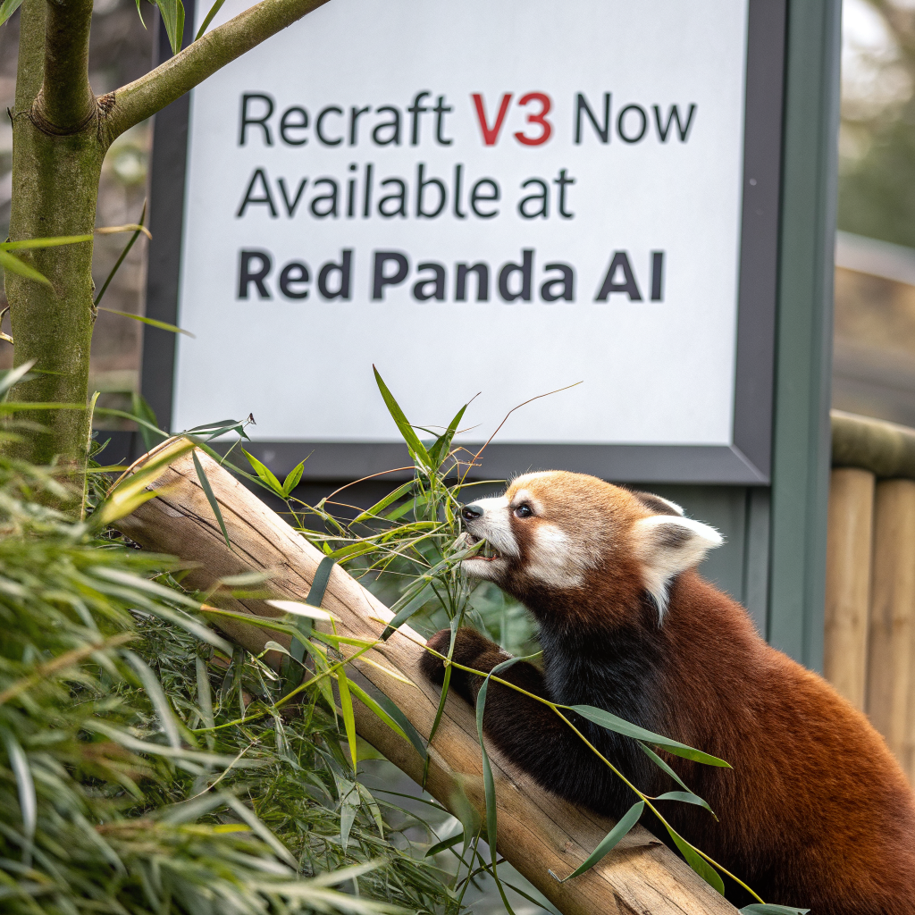 AI generated image by Red Panda AI: a red panda eating a bamboo in front of a poster that says "recraft V3 now available at red panda ai