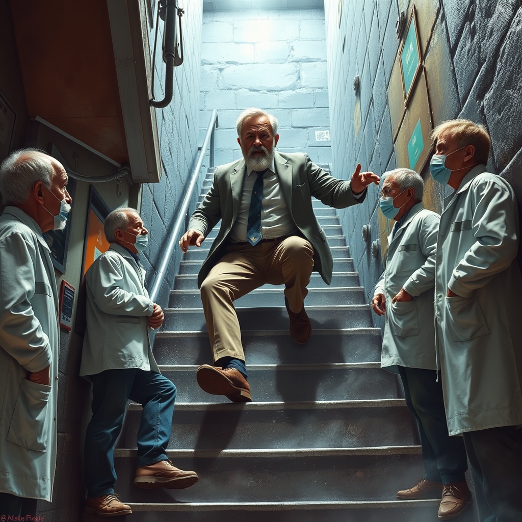 AI generated image by FLUX.1-schnell: Gordan Freeman Falls down flight of stairs while scientists watch in horror