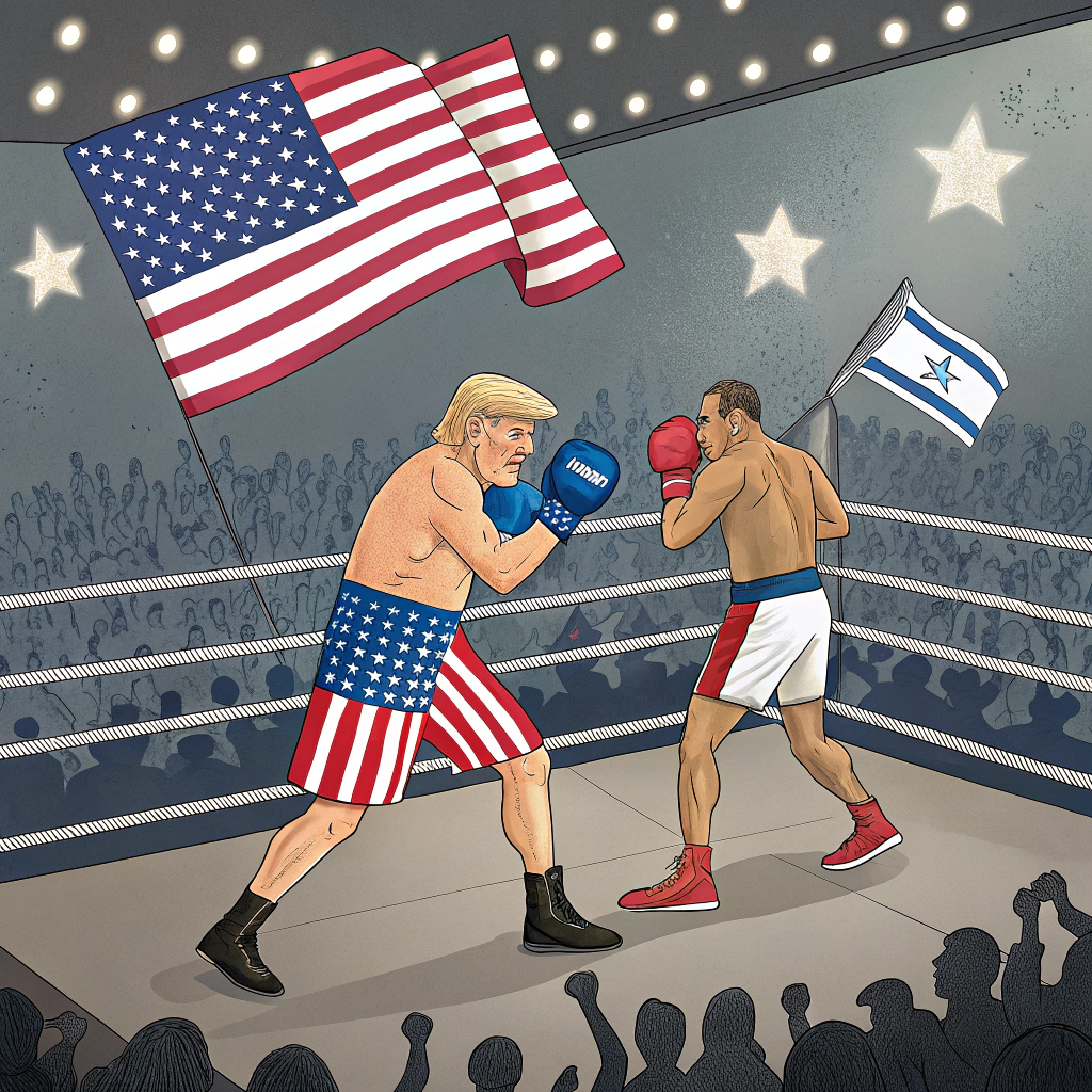 AI generated image by FLUX.1-schnell: Create a boxing game between Donal Trump and Kamala Harris at the Madison Square Garden.
Trump wears a american flag designed short and Harris a palestinian one.
Trump knocks down an ugly faced Kamala Harris while the crowd cheers for him holding American and Israeli Flag.