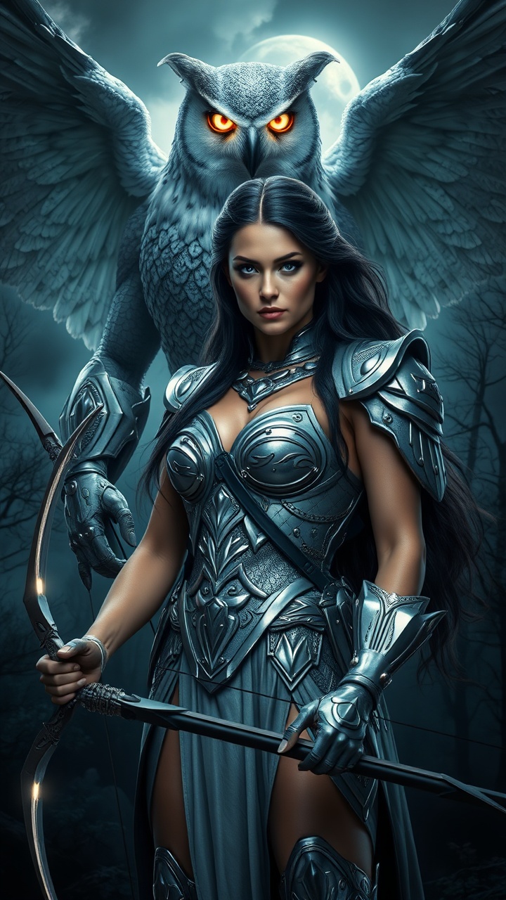AI generated image by FLUX.1-schnell: Full body hyper-realistic cinematic portrait of Artemis in mafia style. Athletic beautiful woman with lifelike face, long dark hair, glowing silver eyes, wearing silver and moonlit white armor, holding a glowing bow. Behind her rises a muscular owl-hybrid with humanoid torso, glowing wings, and bright moonlit eyes. Full body framing, moonlit storm over gothic forest, cinematic realism, ultra-detailed.