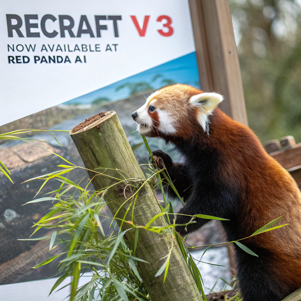AI generated image by Red Panda AI: a red panda eating a bamboo in front of a poster that says "recraft V3 now available at red panda ai