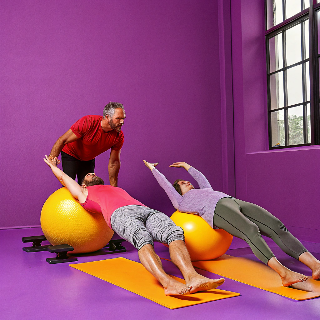 AI generated image by Red Panda AI: Studio tarzındaki pilates salonunda pilates hocası eşliğinde pilates yapan 3 kursiyer.