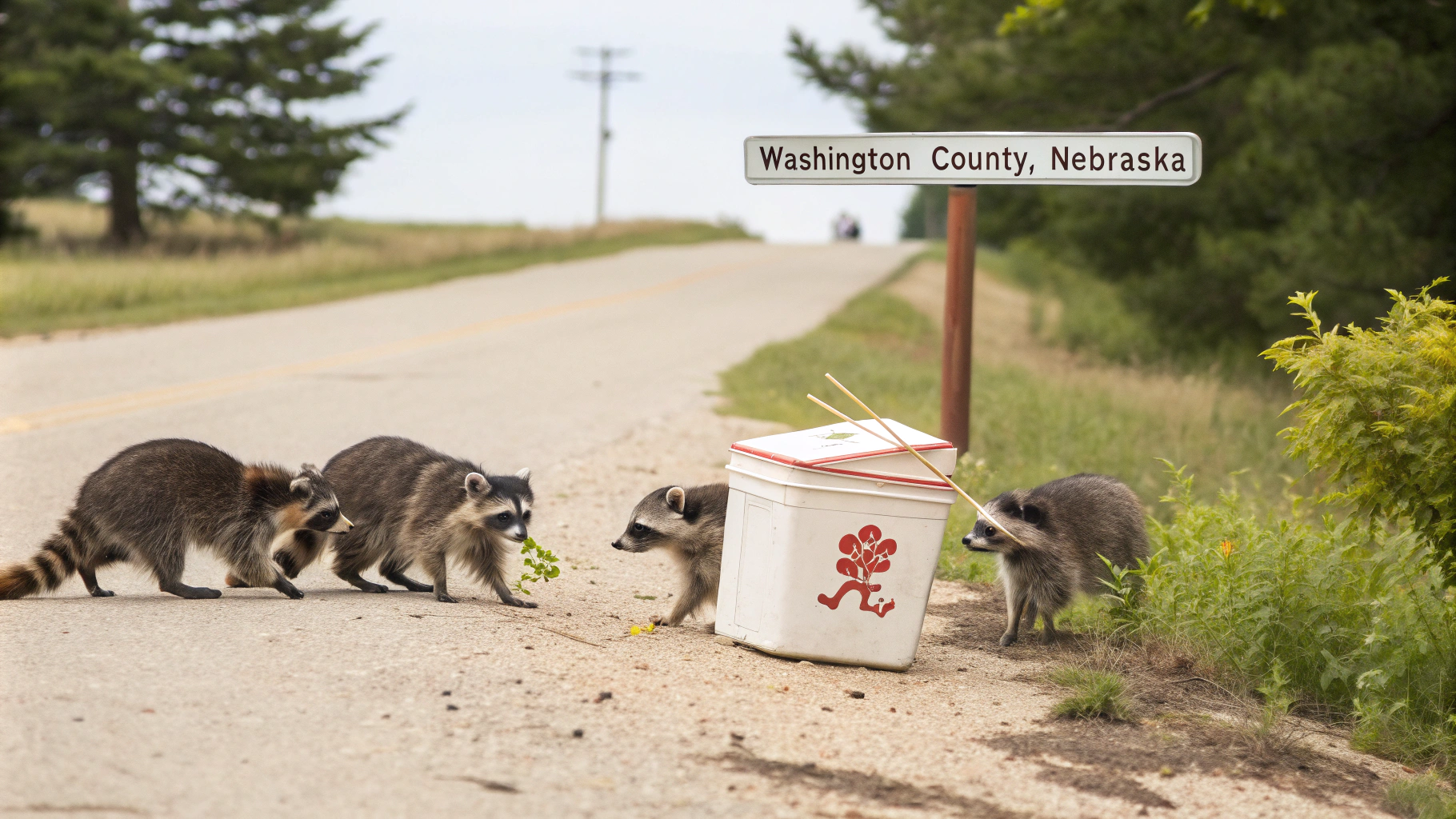 AI generated image by Red Panda AI: Three Raccoons Eating Chinese Food, the chinese food box has chinese writing on the side, this is happening on the side of a country road, there is a sign that reads "Washington County, Nebraska"