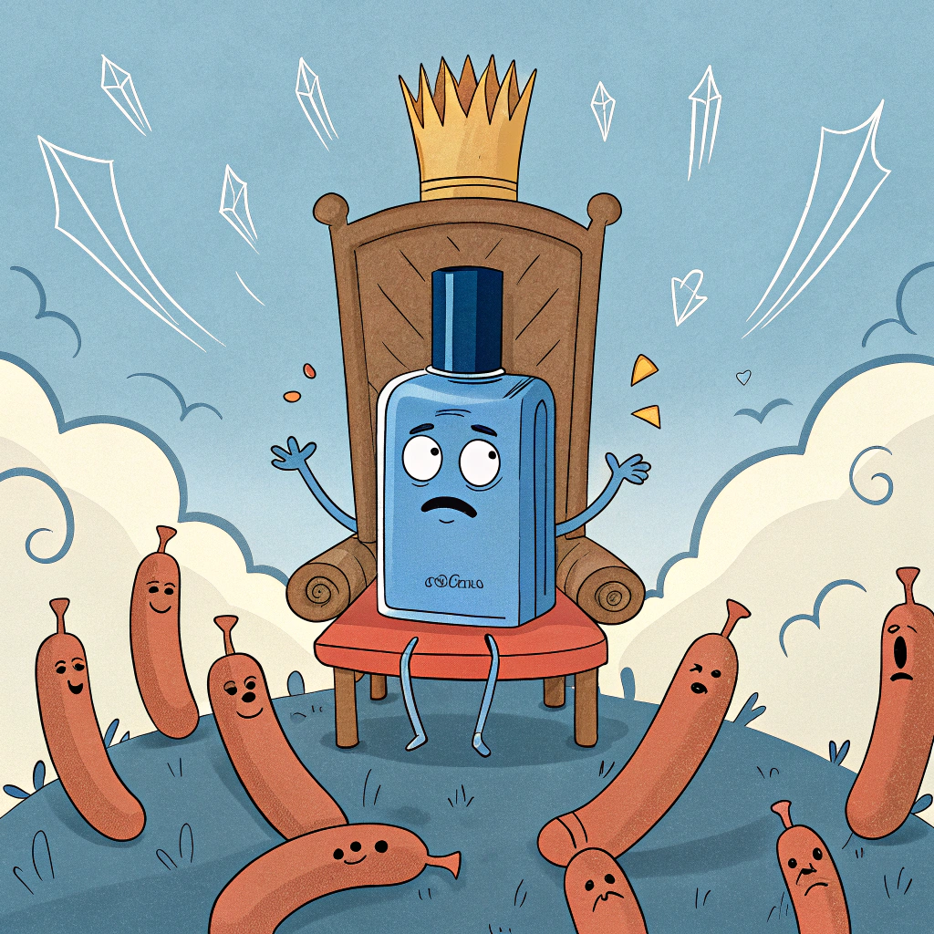 AI generated image by Red Panda AI: a blue perfume onthe trone in the crowd full of angry sausages that are wanting to hit him with a pickles. perfume has a funny face and limbs. sky is full of sperm