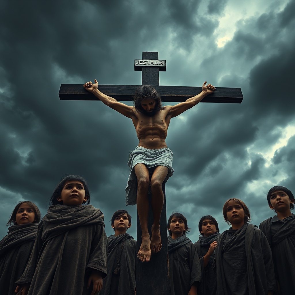 AI generated image by FLUX.1-schnell: A powerful, emotionally charged scene set against a dark, turbulent sky, showcasing the crucifixion of Jesus in striking hyper-realistic detail. Jesus is centered on one of the crosses, his head bowed with a crown of thorns, his face reflecting profound agony and serenity. The details of his emaciated body, pierced hands, and feet reveal the brutal reality of his suffering, with subtle bruising and dried blood adding authenticity. The shot is framed from a low-angle, emphasizing the towering crosses against a dramatic, cloud-laden sky, giving a sense of divine sorrow and monumental scale, shot in IMAX-quality with ultra-high-definition and photorealistic precision.
In the foreground, a group of children around 12 years old stands in solemn observation, replacing the lone woman from the original image. The children are clad in simple robes of muted earth tones, harmonizing with the somber atmosphere, and their faces are marked by visible tears, each child expressing individual grief and innocence lost. Their expressions range from sorrow to despair, capturing the profound emotional weight of witnessing such a tragedy. The camera begins with a medium shot of the group, then slowly zooms in, capturing each child's reaction in hyper-detailed close-ups, emphasizing the emotional resonance of their sadness. The lighting is subdued, with occasional beams of diffused sunlight breaking through the dark clouds, illuminating Jesus and casting the children in soft, sorrowful highlights. The background crowd watches in silent reverence, their faces shadowed and solemn. Ultra-smooth camera movement captures the gravity of the scene, with award-winning cinematography focusing on the interplay of light, shadow, and expression, resulting in a masterpiece of vivid, cinematic realism.