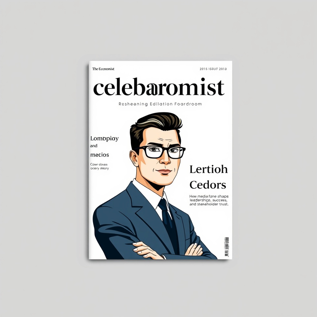 AI generated image by FLUX.1-schnell: Create a magazine cover in the style of The Economist, featuring a bold, minimalist design with a clean white background and a prominent red masthead at the top left corner with the title "The Economist". Use the distinctive typefaces Milo Serif Bold for the main headline and Econ Sans Bold for the subheadings.
The cover story headline should be: "Celebrity CEOs: The Power and Prestige Behind the Boardroom".
Include a striking, modern illustration or stylized portrait of a confident CEO figure — gender-neutral, professional, with subtle facial dominance features, evoking authority and charisma. Use a limited color palette with red, black, white, and soft blue accents, reflecting The Economist’s visual identity.
Add a smaller subheadline below: "How media fame shapes leadership, company success, and stakeholder trust".
Keep the layout clean and organized, with a balanced composition and clear hierarchy of text. Avoid clutter; focus on readability and impact.
Include a small date and issue number in the top right corner, and a barcode placeholder at the bottom right.
Overall mood: authoritative, sophisticated, modern business journalism.