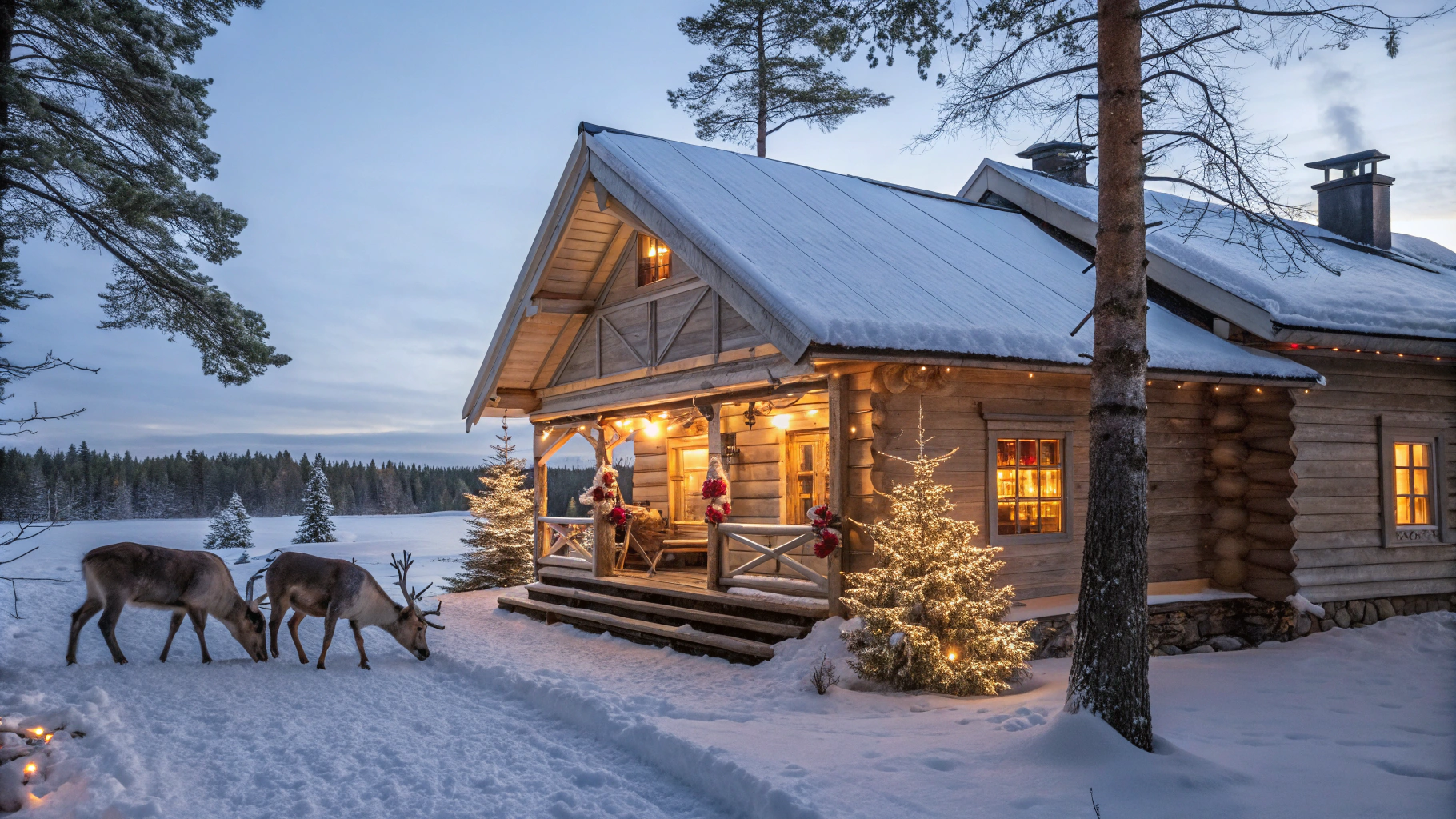 AI generated image by Red Panda AI: beautiful cozy wooden cabin in snow with beautiful Christmas decorated outside and raindeers in a backyard, evening Christmas vibe
