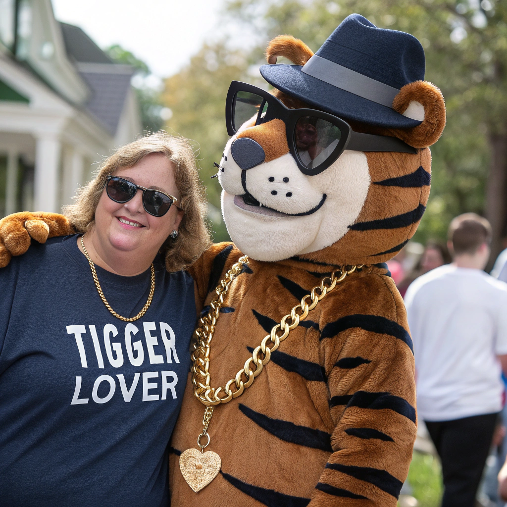 AI generated image by Red Panda AI: “Generate an original cartoon tiger character, not based on any existing character, with brown and dark-brown stripes in a friendly, playful children’s-storybook style.” And, give him gold chain, holding and dark sunglasses, wearing a fedora and smoking a menthol cigarette, with a white woman that is overweight. The woman is wearing a shirt that clearly says "Tigger Lover"