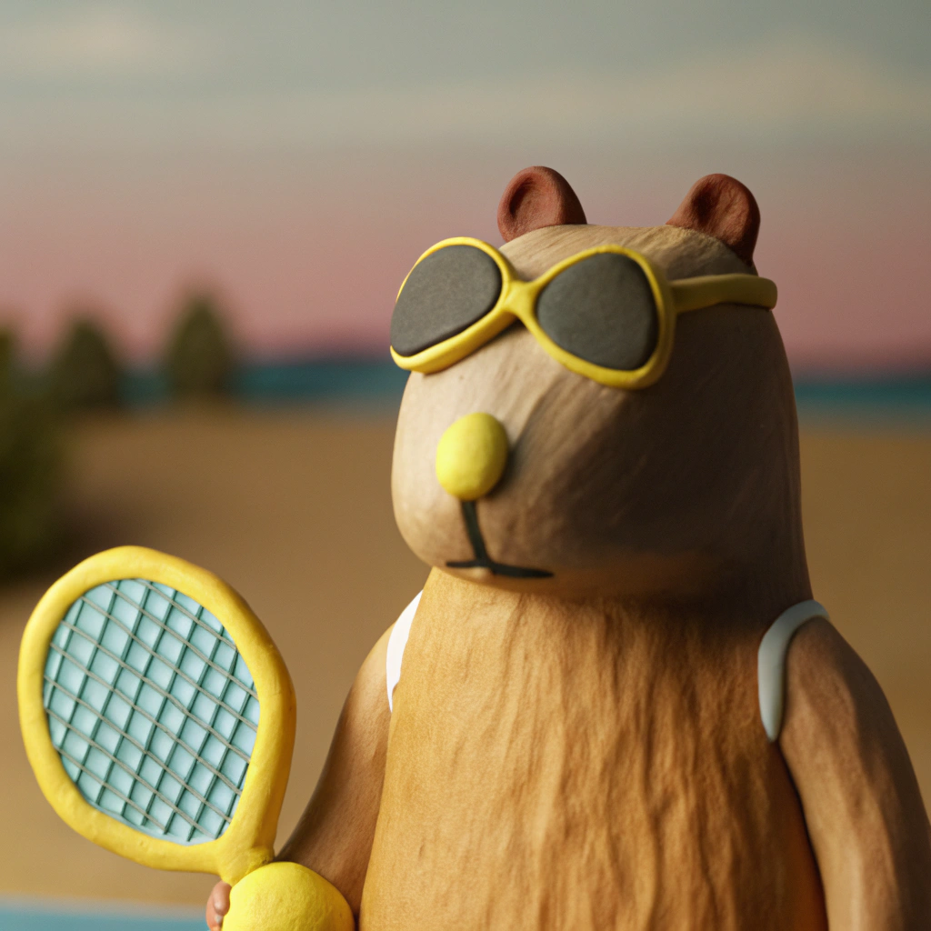 AI generated image by Red Panda AI: Un capibara de pie sobre sus dos patas traseras, sosteniendo una pala de pádel y jugando en una cancha al aire libre. Lleva unos lentes de sol Ray-Ban Wayfarer que reflejan la luz cálida del atardecer. La cancha no tiene techo, y en el fondo se observa un cielo vibrante con tonos anaranjados, rosados y púrpuras propios del atardecer, acompañado de nubes ligeras y un paisaje con árboles difuminados en la distancia. El capibara tiene un aire relajado y divertido, con detalles realistas en su pelaje suave y expresión tranquila. La escena transmite una sensación de disfrute y calma al final del día.