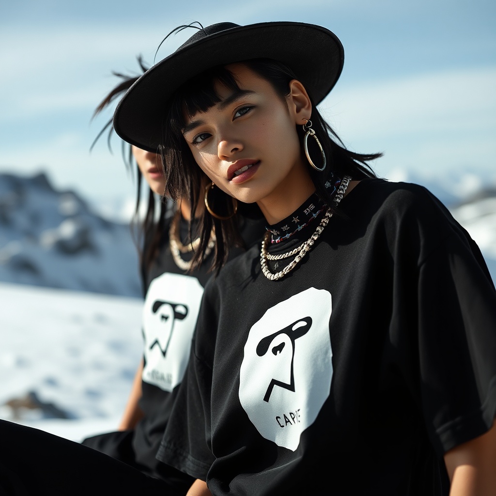 AI generated image by FLUX.1-schnell:
A fashion editorial with a bohemian theme, inspired by BAPE. The image features a black and white color palette, with as a keyfashionelement. they are vietnamese streetwear model, weared oversized black t-shirt. The setting is a snowy mountain peak. The camera angles explore underwater perspectives. Sustainable materials are incorporated in the designs. The models are styled with bold accessories that complement the overall aesthetic. Light and shadow are used to create depth and drama in the images. A diverse cast of models represent various body types and ethnicities.