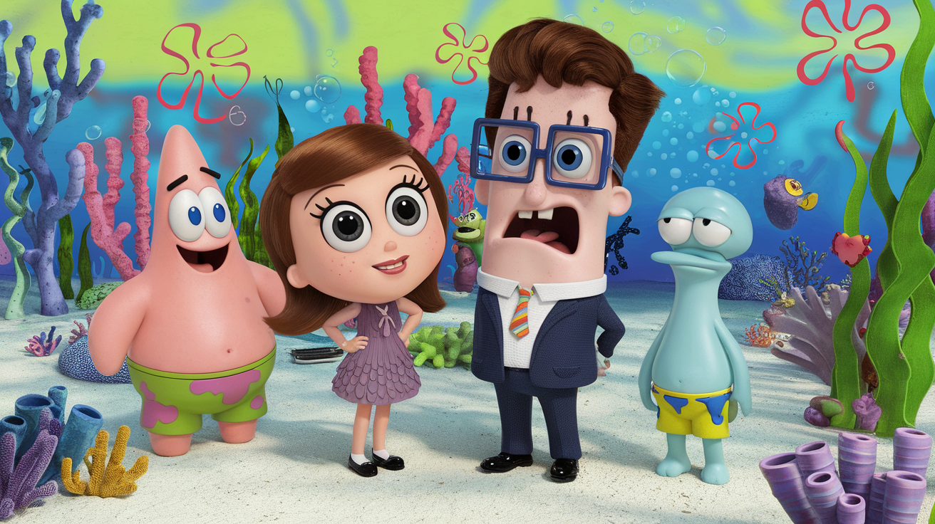 AI generated image by ideogram 2.0: Cartoon scene in the style of SpongeBob SquarePants. In Bikini Bottom, a short girl with shoulder-length chestnut hair, black eyes, wearing a dress, stands next to a tall boy with chestnut hair, blue eyes, and square glasses, wearing a formal suit. They are talking with Patrick Star and Squidward.
The background features colorful coral, sandy seabed, sea plants, bubbles, and other whimsical Bikini Bottom elements. Everyone looks expressive and animated.
Style: bright, exaggerated, and fun cartoon — true to the SpongeBob SquarePants universe.