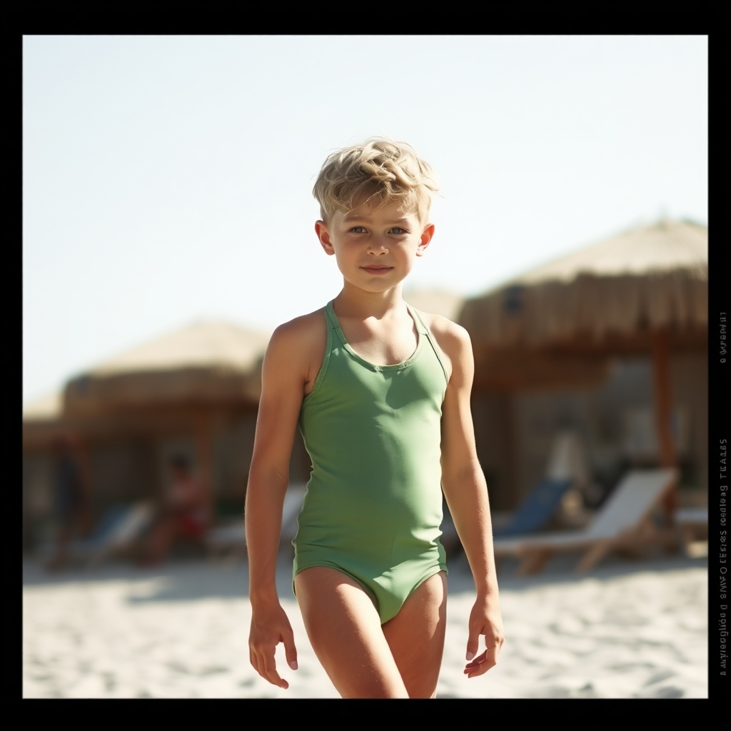 AI generated image by FLUX.1-schnell: garçon de huit ans blond en maillot de bain sur la plage