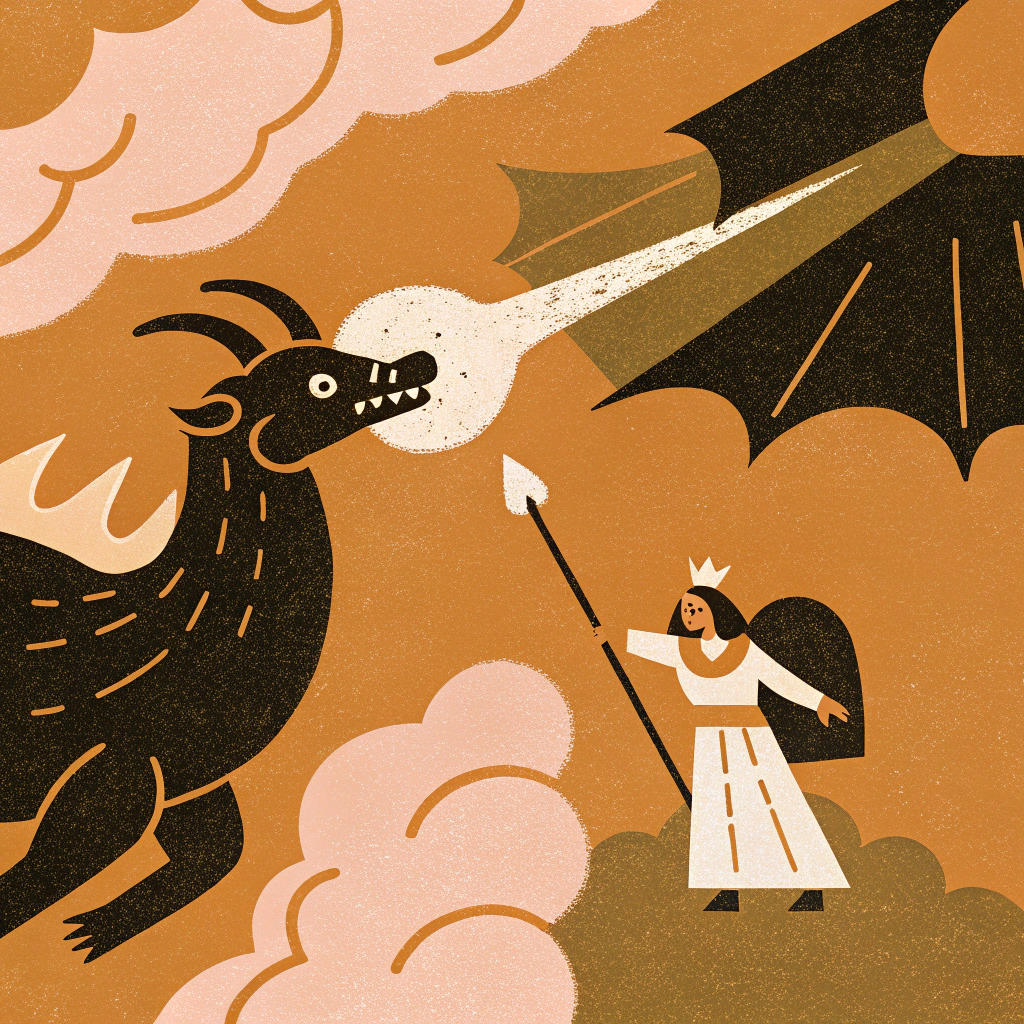 AI generated image by Red Panda AI: Un dragon médiéval qui crache des flamme dans lesquelles il y a un taureau et une vierge ainsi qu'un phénix qui tient une canne dans ses serres