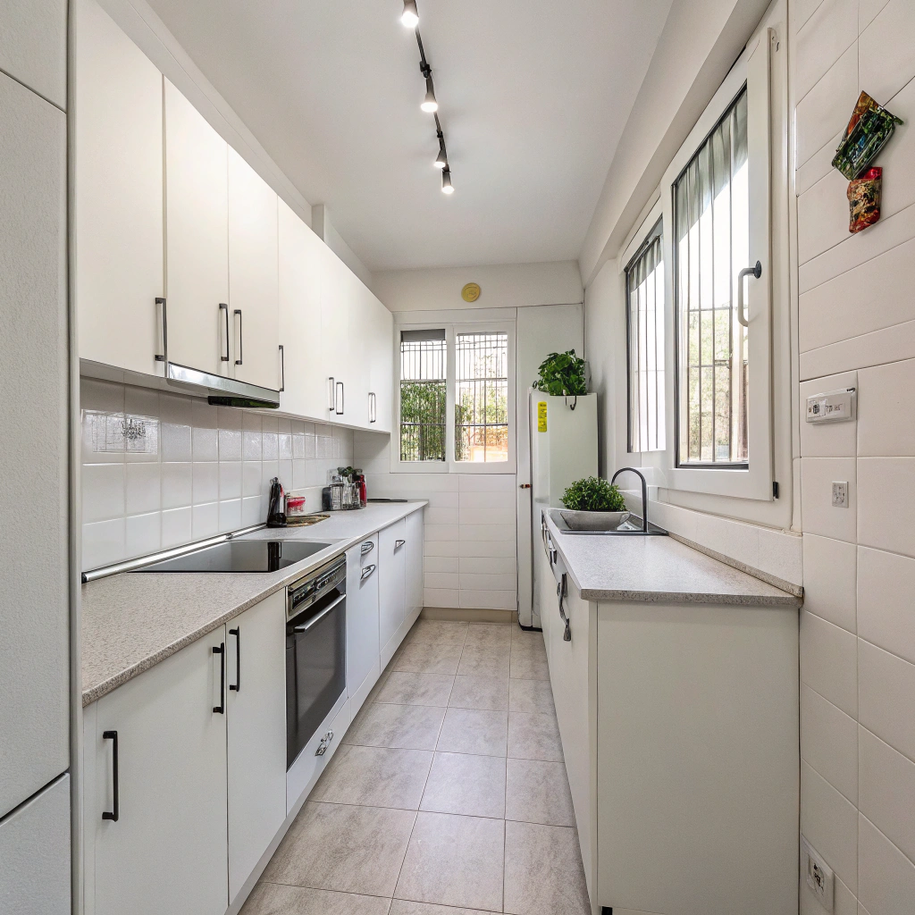 AI generated image by Red Panda AI: Une cuisine en linéaire, toute simple avec des façades blanches tout simple également. Elle doit être dans un style assez ordinaire afin de plaire à tout le monde.