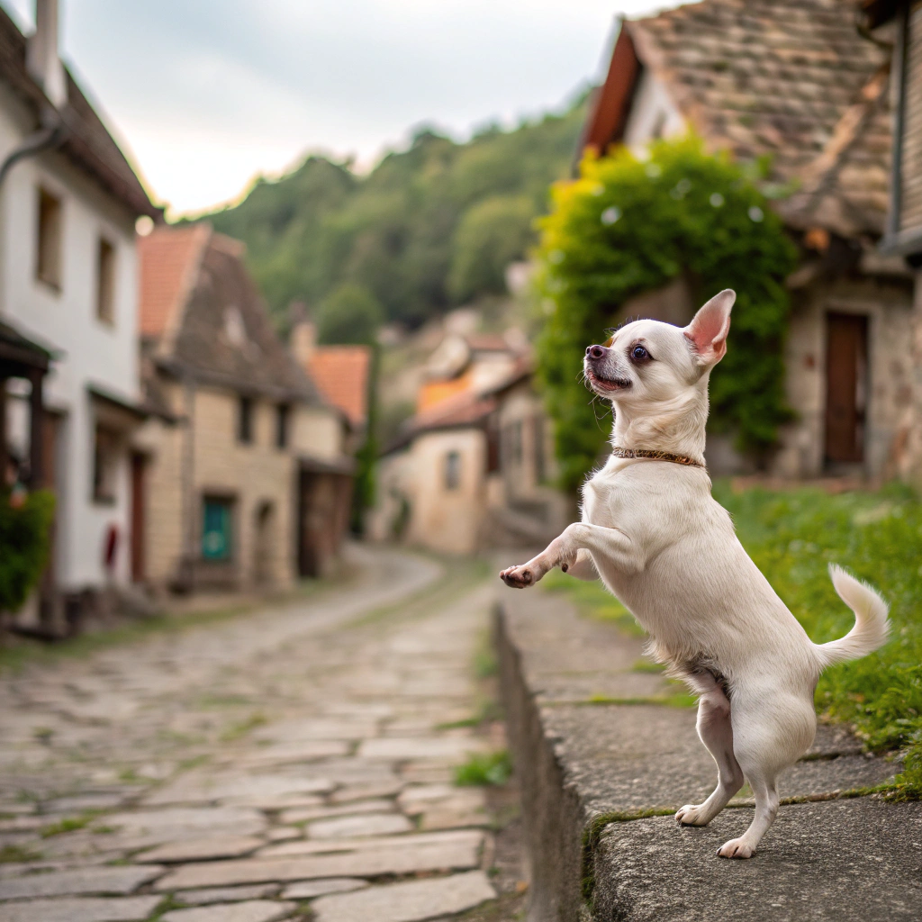 AI generated image by Red Panda AI: En un pequeño pueblo vivia un perro chiguagua blanco pequeño juegueton y curioso