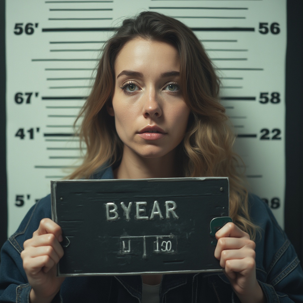 AI generated image by FLUX-Realism-Lora: realistic police mugshot photo of a 28 year old woman,
front facing,
holding an empty police booking placard,
neutral expression,
height measurement wall background,
police station lighting,
realistic skin texture,
highly detailed,
sharp focus,
ultra realistic