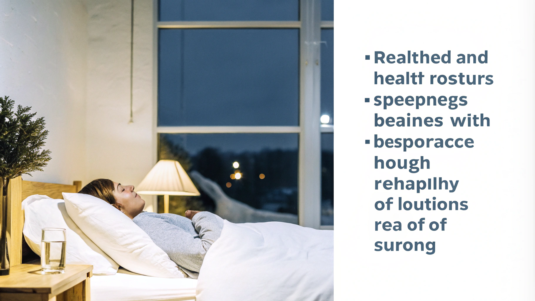 AI generated image by Red Panda AI: 	A peaceful bedroom at night with a person sleeping on a bed, the head of the bed slightly elevated using a wedge pillow. The person is resting comfortably with an additional pillow under their legs, promoting blood circulation and reducing swelling. The room is dimly lit with soft, warm lighting, creating a cozy atmosphere. The scene includes elements like a bedside table with a glass of water and a potted plant, symbolizing a healthy, restful environment. The focus is on comfort, relaxation, and health benefits from proper sleeping posture, such as reduced acid reflux, nasal congestion relief, and improved leg circulation.