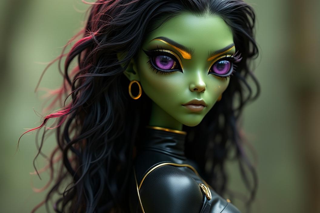 AI generated image by FLUX.1-pro: Close-up portrait of a tall,slim, compact figure, with a small chest and narrow hips,she is also slightly slender, young Alien woman, 28 years old, green-skinned, with a long, wavy mass of black hair with red and purple highlights, and large purple eyes with golden circles, has a heart-shaped face, high cheekbones, no eyebrows but golden lines ending on her cheeks, black leather jumpsuit with black pants