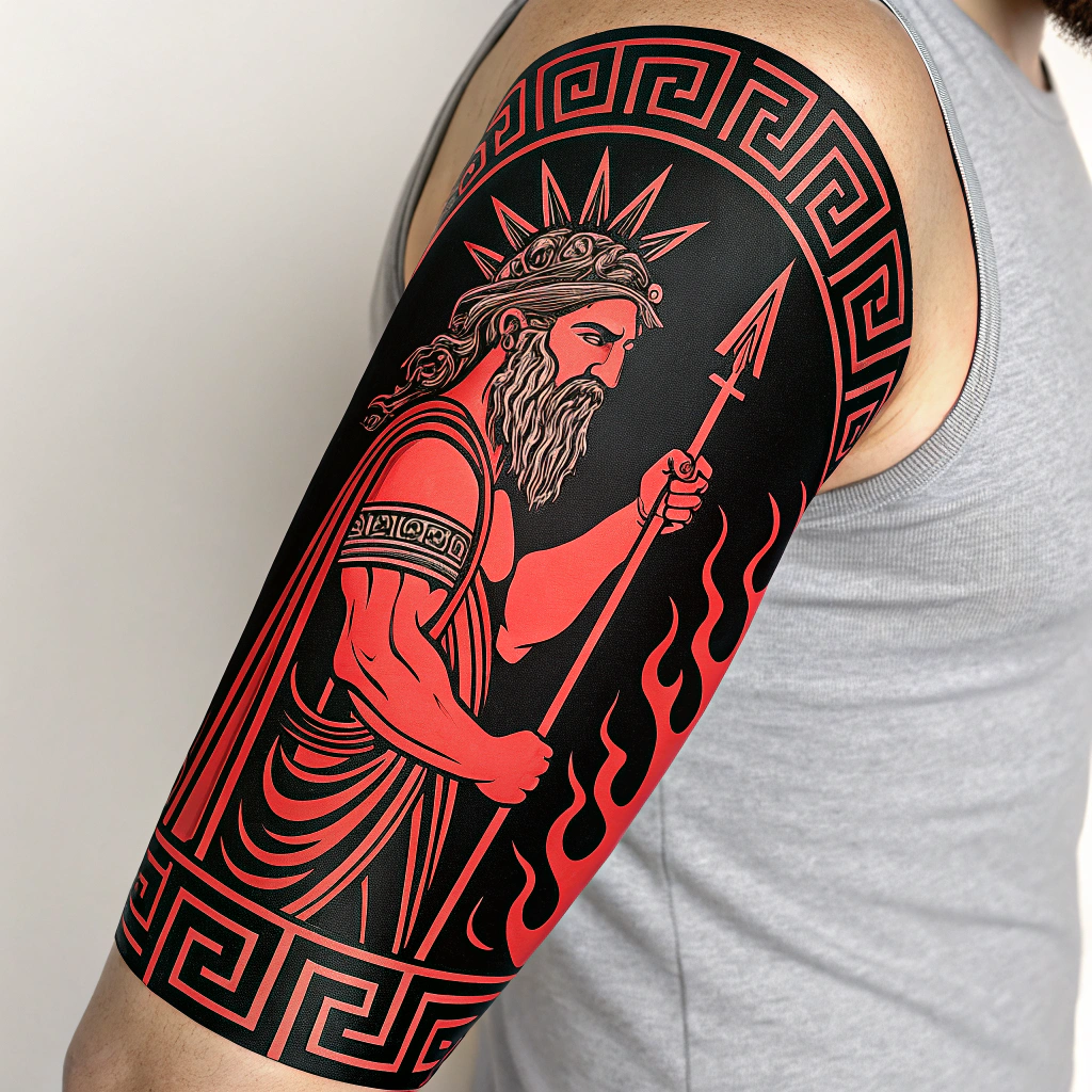 AI generated image by Red Panda AI: tatuaje en el antebrazo sobre simbolos de la mitologia griega y pon a los olimpicos zeus, piseidon,ades, heracles, hermes, helios y kratos. q el tatuaje sea negro y rojo