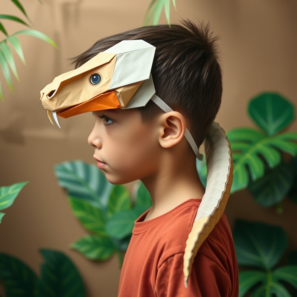 AI generated image by FLUX.1-schnell: Image of a boy in profile wearing an origami snake mask. The boy is in a tropical cardboard setting.