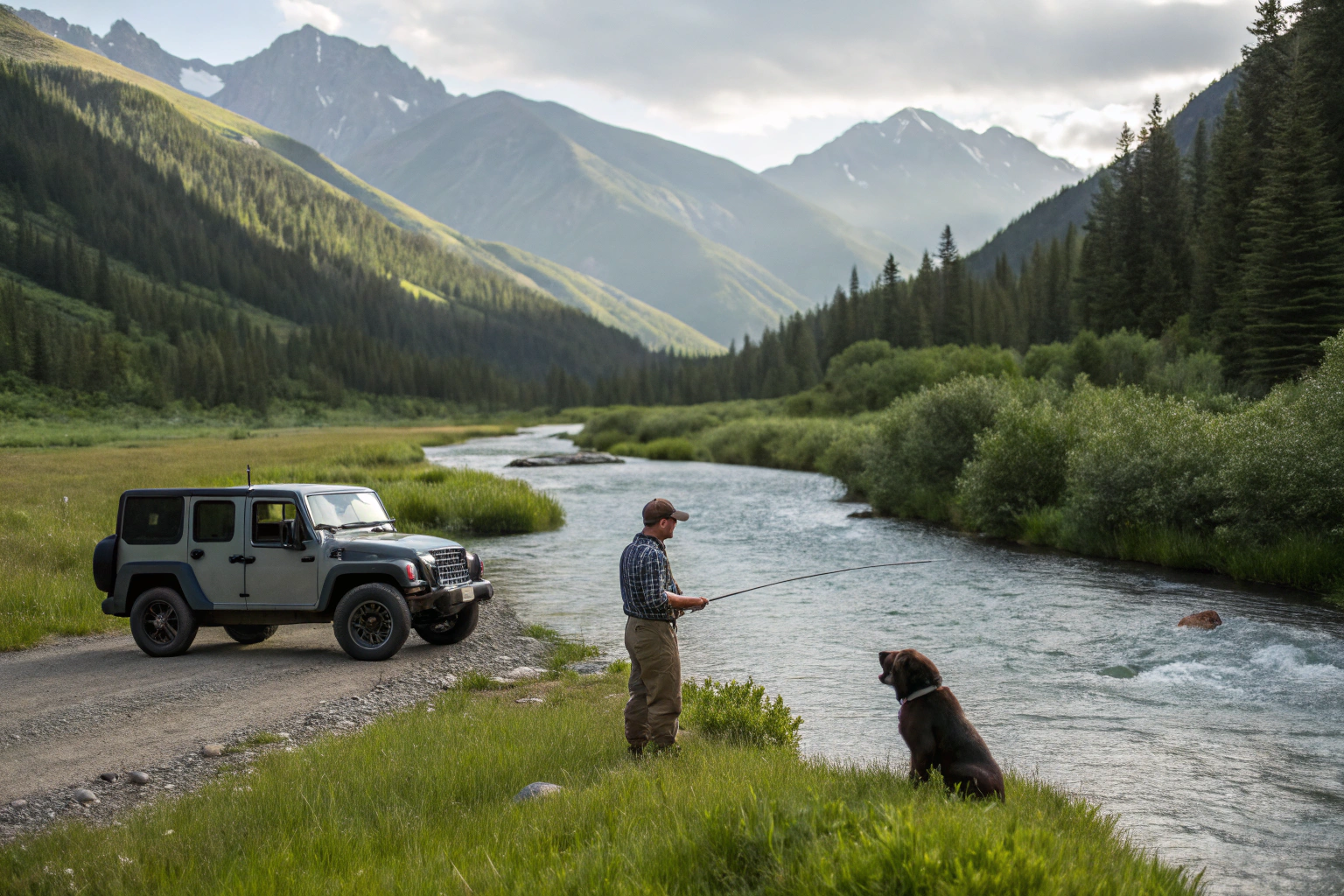 AI generated image by Red Panda AI: Photo of man fly fishing a beautiful mountain trout stream with a jeep parked on the road behind him and a Newfoundland dog next to him