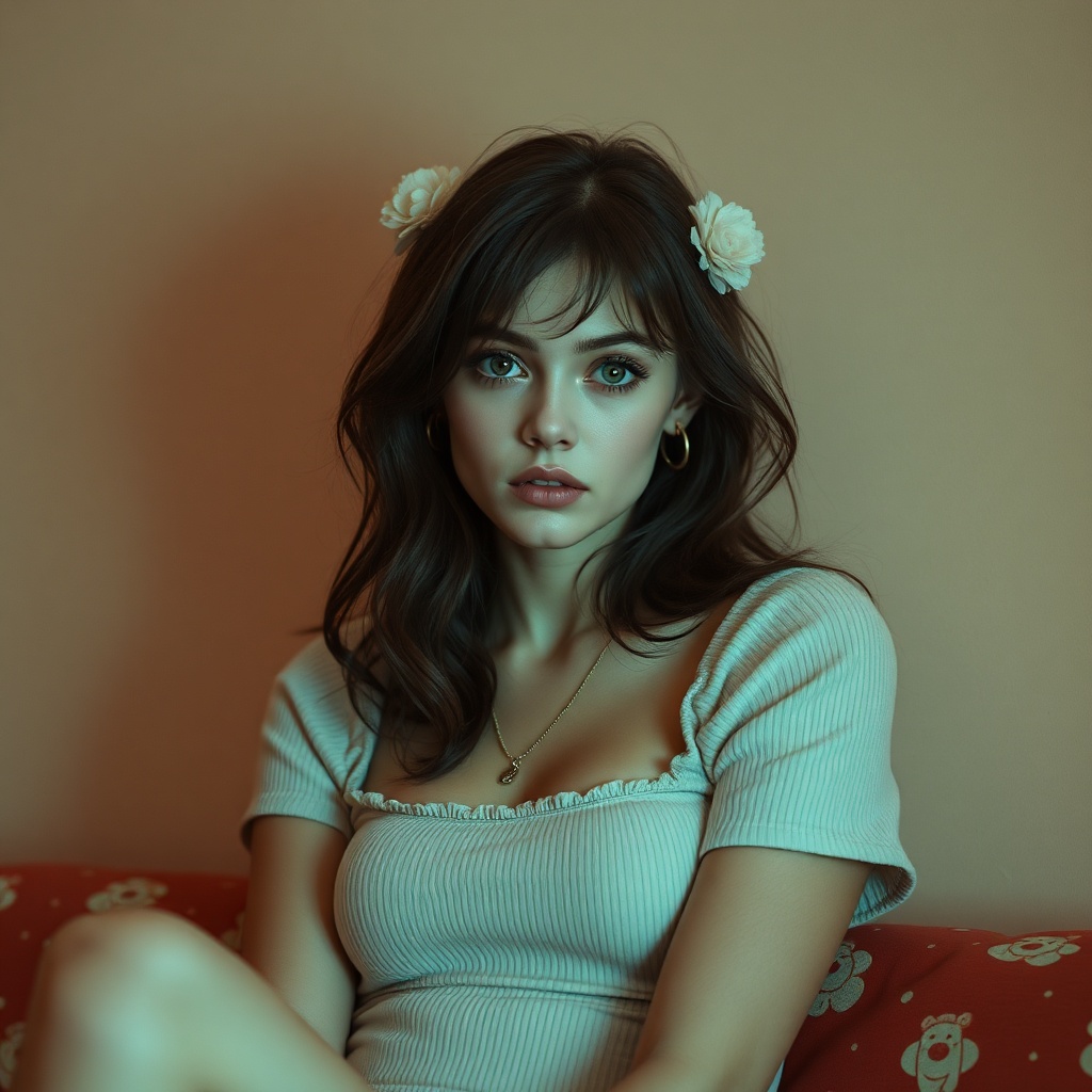 AI generated image by FLUX.1-schnell: создать реалистичное фото девушка в легком прозрачном топе с двумя заплетенными косичками сидя в глубоком кресле с подлокотниками напротив нас она смотрит на нас