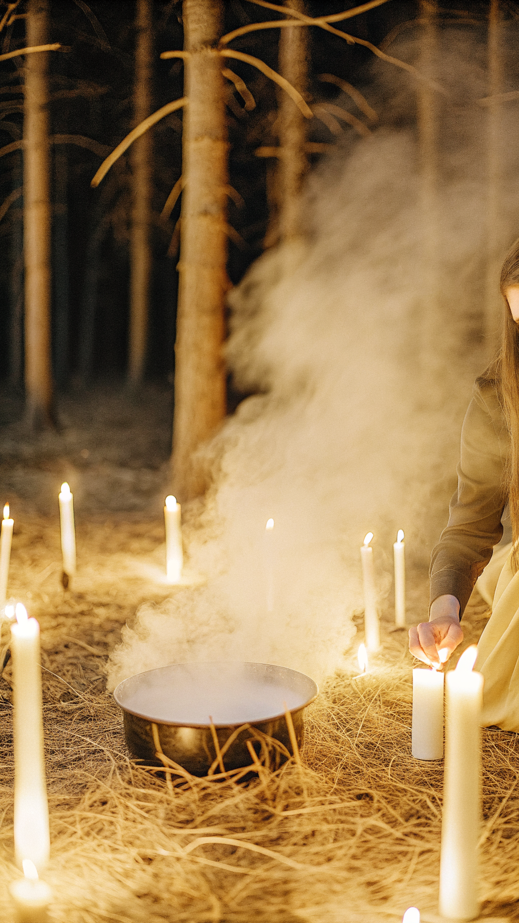 AI generated image by Red Panda AI: A dark forest at night. A witch slowly and gracefully stirs a glowing potion in a cauldron. Subtle hand movement, smooth circular stirring motion. Steam rising softly. Candle flames flickering. Cinematic lighting, slow camera push-in, atmospheric, detailed, realistic motion.