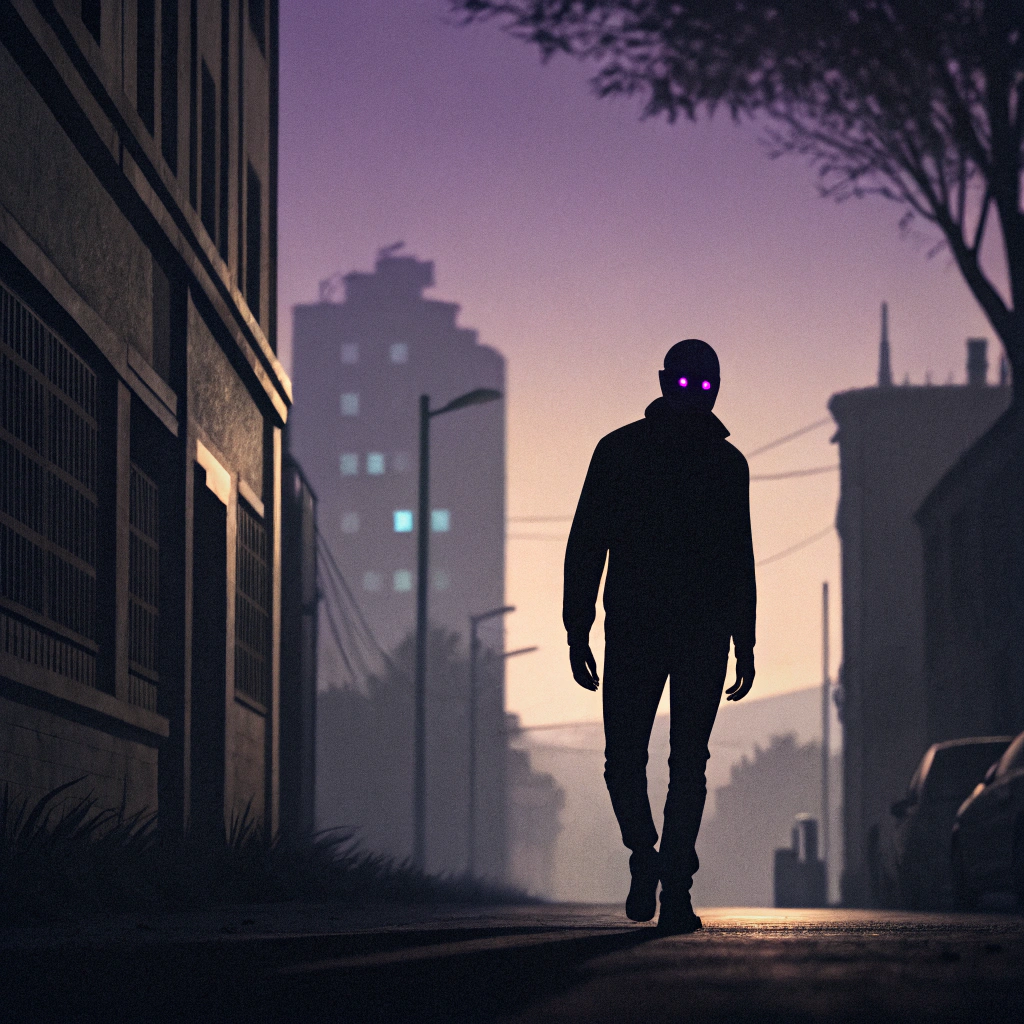 AI generated image by Red Panda AI: Shadow man with universe purple eyes walking on the street primer pla